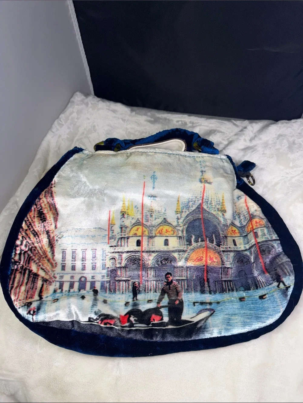 Vintage Diesel Blue Velvet Venice Gondola Print Hobo Handbag Y2K Shoulder Bag